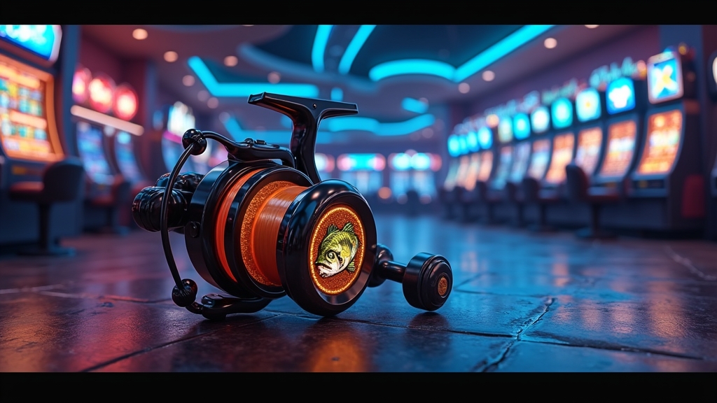 Neon casino scene with fishing reel, slot reels and glowing bonus symbols