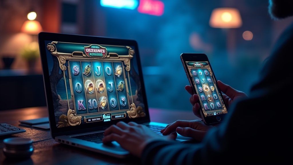 Player opening the Big Bass Splash demo on desktop and mobile in a dark casino lounge