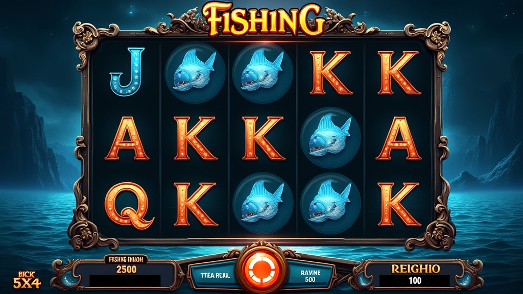 Fishing slot grid with stake controls and a reference table feel in a dark casino scene
